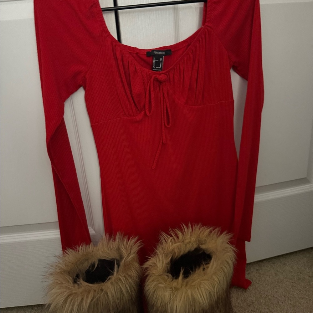 Red Long Sleeve Dress with Faux Fur Boots